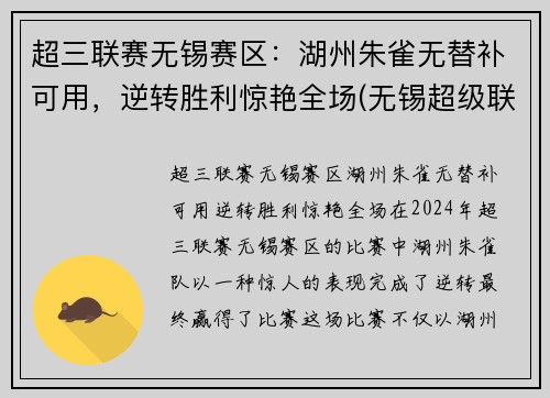 超三联赛无锡赛区：湖州朱雀无替补可用，逆转胜利惊艳全场(无锡超级联赛)