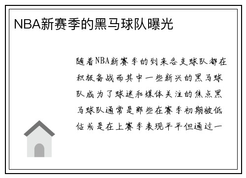 NBA新赛季的黑马球队曝光
