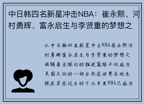 中日韩四名新星冲击NBA：崔永熙、河村勇辉、富永启生与李贤重的梦想之旅